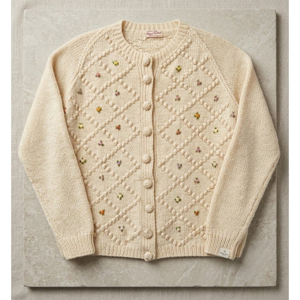 50-70's Vintage Hand Knitted Pure Wool Cardigan Embroidered Popcorn Knit England